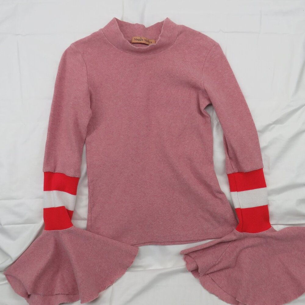 Maggie Marilyn | Beetroot-Dyed Bell Sleeve Mock Neck Knit Top | XS